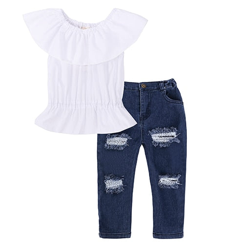 Kids Baby Girl stripe Off Shoulder Hanging neck Top + pink hole pants Outfits Clothes Summer 3Pcs Kid Girls Clothing Set Dtz376