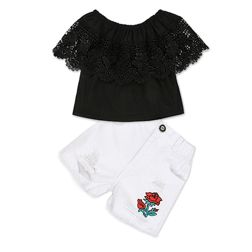 Kids Baby Girl stripe Off Shoulder Hanging neck Top + pink hole pants Outfits Clothes Summer 3Pcs Kid Girls Clothing Set Dtz376